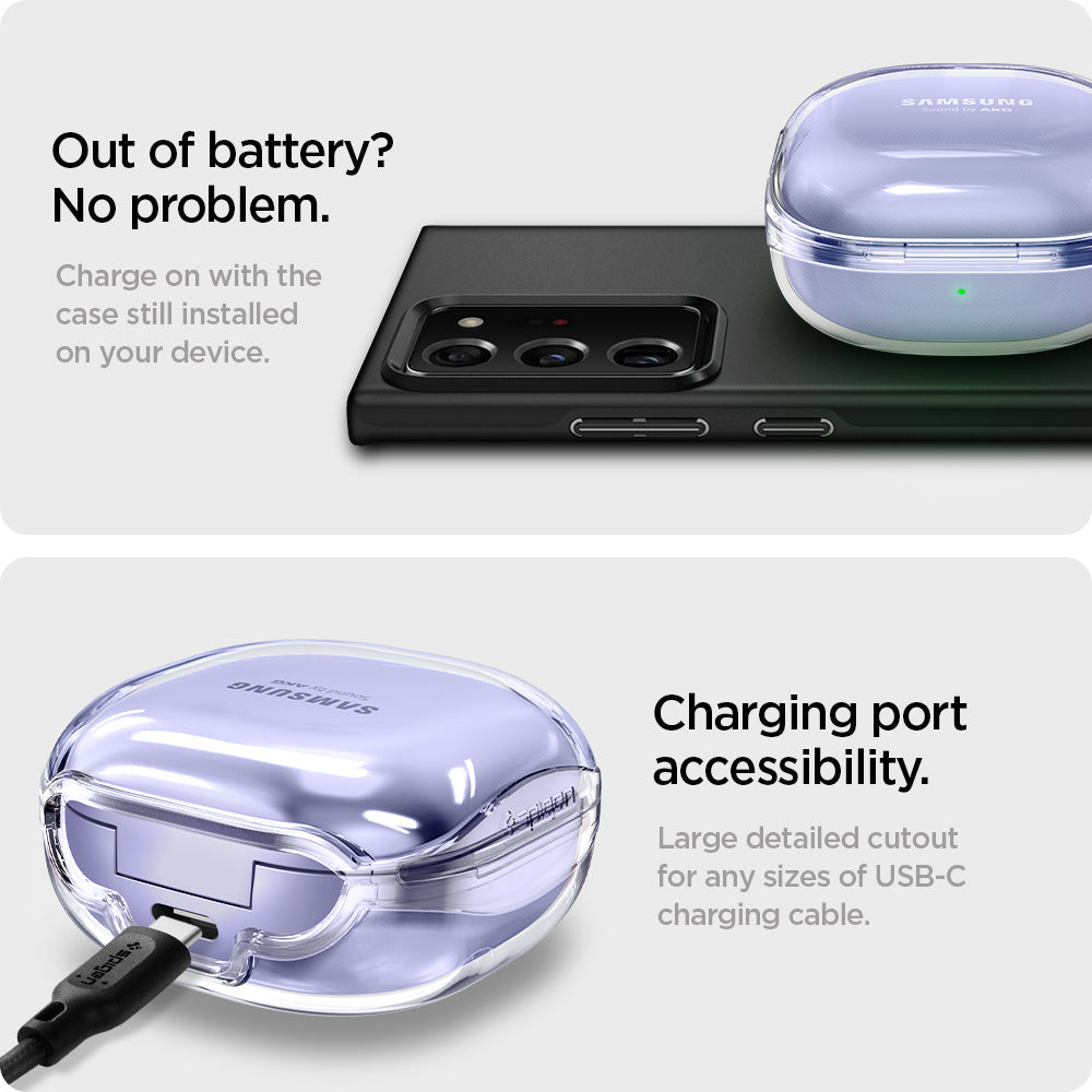 ASD02097 - Galaxy Buds 2 Pro / 2 / Pro / Live Case Ultra Hybrid in crystal clear Out of battery? No problem. Charge on with the case still installed on your device. Charging port accessibility. Large detailed cutout for any sizes of USB-C charging cable.