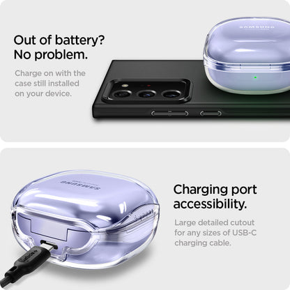 ASD02097 - Galaxy Buds 2 Pro / 2 / Pro / Live Case Ultra Hybrid in crystal clear Out of battery? No problem. Charge on with the case still installed on your device. Charging port accessibility. Large detailed cutout for any sizes of USB-C charging cable.
