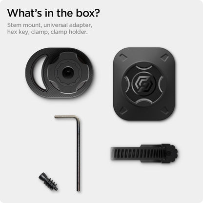000MP25057 - Gearlock MS100 Bike Mount Stem / Handlebar in black showing the what's in the box, stem mount, universal adapter, hex key clamp, clamp holder