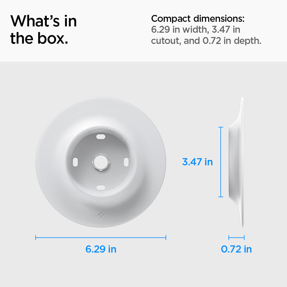 AHP09218 - Google Nest Learning Thermostat 4th Gen Wall Plate in Matte White showing what's in the box. Compact dimensions: 6.29 in width, 3.47 in cutout, and 0.72 in depth