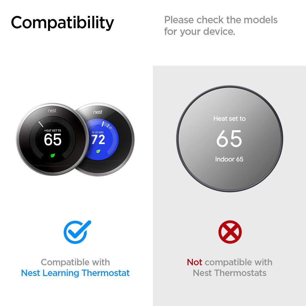AHP03710 - Google Nest Learning Thermostat 3G Wall Plate in white showing the compatibility. Compatible with Nest Learning Thermostat and Not compatible with Nest