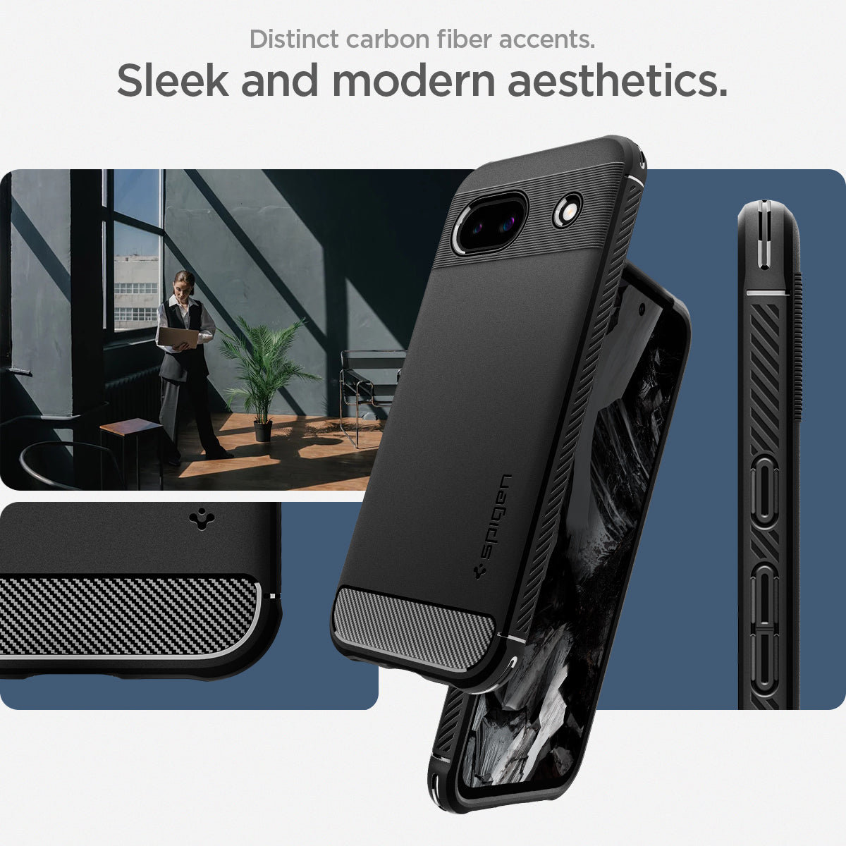 ACS07259 - Pixel 8a Case Rugged Armor in Matte Black distinct carbon fiber accents. sleek and mordern aesthetics.
