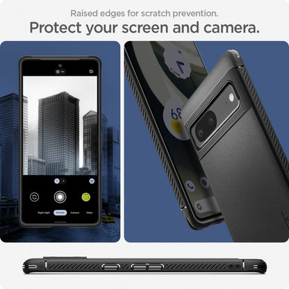 ACS04698 - Pixel 7 Case Rugged Armor in matte black raised edges for scratch prevention. protect the camera and screen.