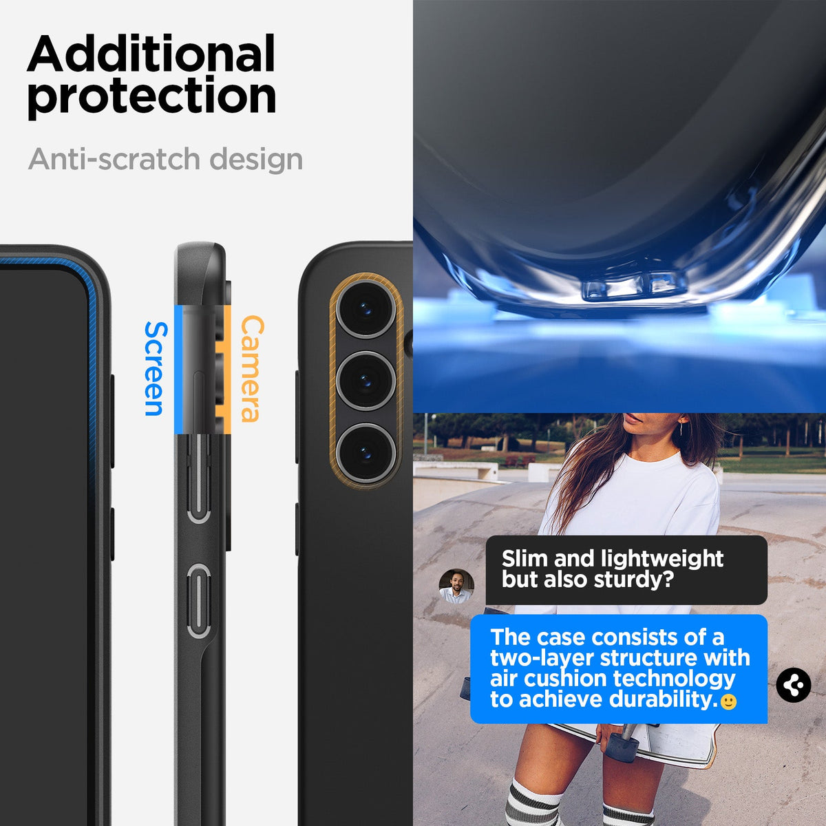 ACS06363 - Galaxy S23 FE Case Thin Fit in black showing the additional protection. Ant-scratch design. Slim, lightweight but sturdy. Consist of a two-layer structure with air cushion technology to achieve durability