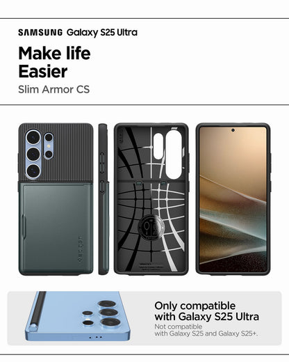 ACS08968 - Galaxy S25 Ultra Case Slim Armor CS in Abyss Green showing the compatibility. Only compatible with Galaxy S25 Ultra and not compatible with Galaxy S25 and Galaxy S25+