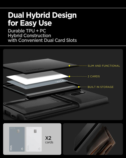 ACS08967 - Galaxy S25 Ultra Case Slim Armor CS in Black showing the dual hybrid design for easy use. Durable TPU + PC Hybrid Construction with convenient dual card slots. Slim and functional, 2 cards and built-in storage
