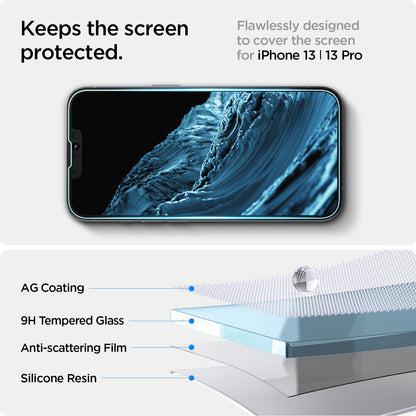 AGL03386 - iPhone 13 / 13 Pro Screen Protector EZ FIT GLAS.tR (Sensor Protection) showing the flawlessly design to cover the screen for iPhone 13 Pro Max. Keeps the screen protected with AG coatingm 9H Tempered Glass, Anti-scattering Film and Silicone resin