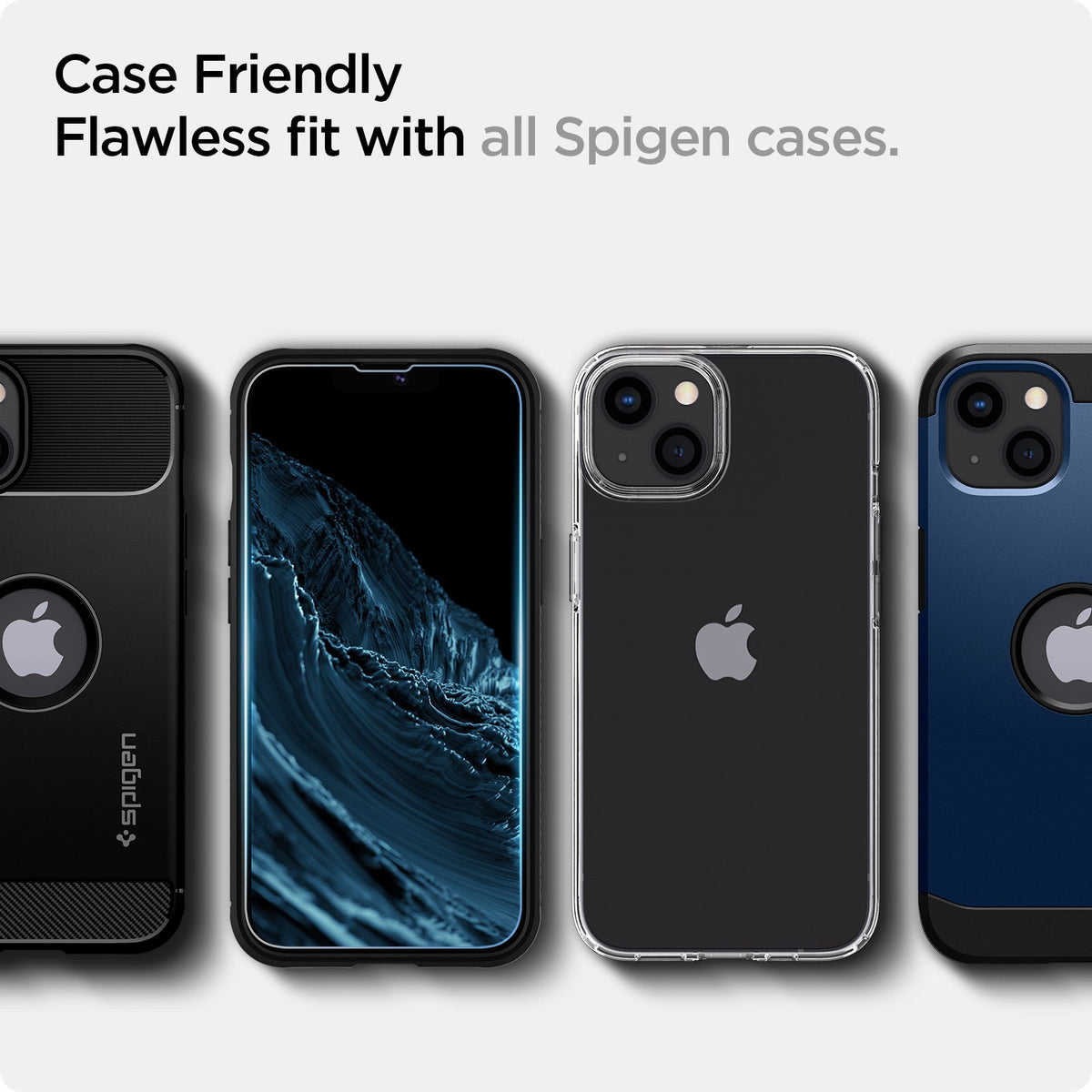 AGL03386 - iPhone 13 / 13 Pro Screen Protector EZ FIT GLAS.tR (Sensor Protection) showing the case friendly, flawless fit with all Spigen cases
