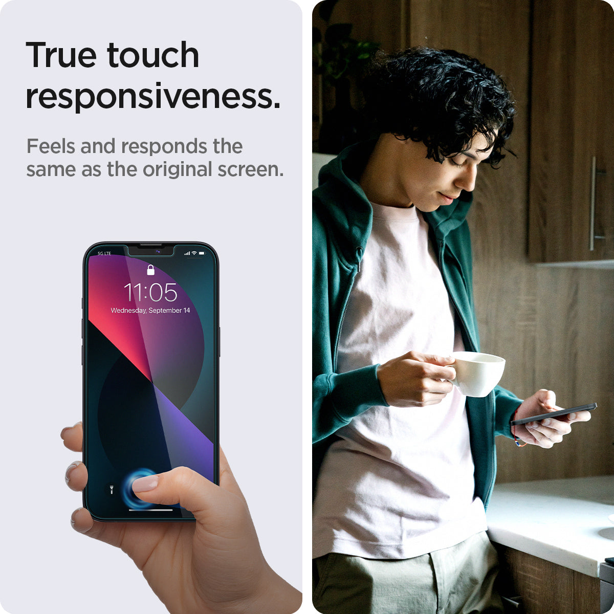 AGL03388 - iPhone 13 | 13 Pro Screen Protector EZ FIT GLAS.tR Privacy showing the true touch responsiveness. Feels and responds the same as the original screen