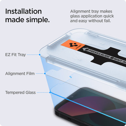 AGL03385 - iPhone 13 / iPhone 13 Pro Screen Protector EZ FIT GLAS.tR SLIM showing the installation made simple. Alignment tray makes glass application quick and easy without fail. EZ Fit Tray, Alignment Film and Tempered Glass