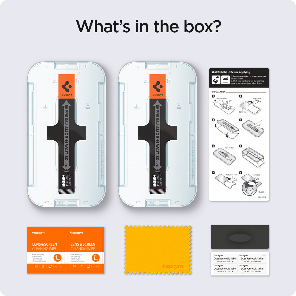 AGL03385 - iPhone 13 / iPhone 13 Pro Screen Protector EZ FIT GLAS.tR SLIM showing what's in the box? 2 screen protector with alignment tray, installation instruction, cleaning wipes, microfiber cloth and dust sticker