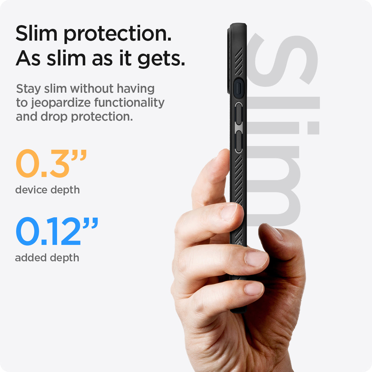 ACS03519 - iPhone 13 Case Liquid Air in black showing the slim protection. Stay slim without having to jeopardize functionality and drop protection 0.3" device depth 0.12" added depth