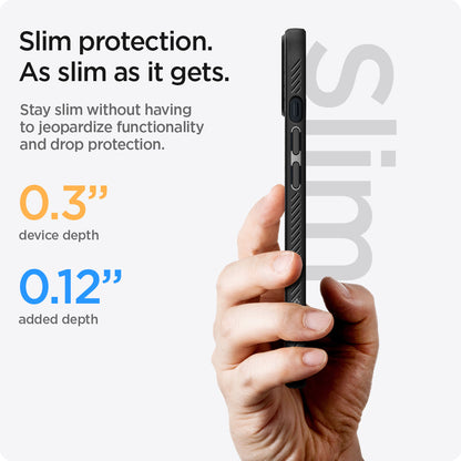 ACS03519 - iPhone 13 Case Liquid Air in black showing the slim protection. Stay slim without having to jeopardize functionality and drop protection 0.3" device depth 0.12" added depth