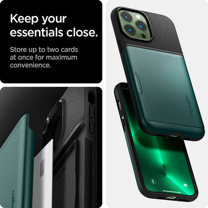 ACS04559 - iPhone 13 Pro Max Case Slim Armor CS in midnight green showing keep your essentials close. Store up to two cards at once for maximum convenience.