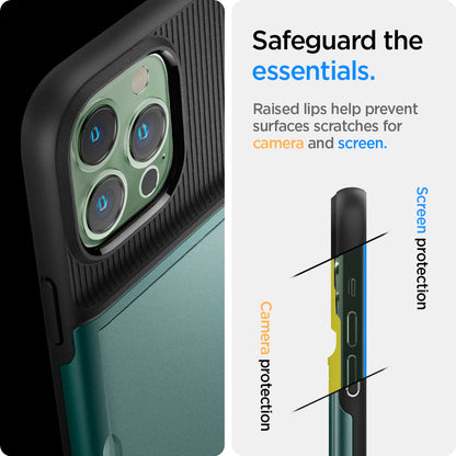 ACS04559 - iPhone 13 Pro Max Case Slim Armor CS in midnight green showing safeguard the essentials. Raised lips help prevent surfaces scratches or camera and screen
