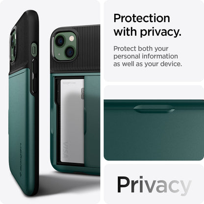 ACS04563 - iPhone 13 Case Slim Armor CS in midnight green showing protection with privacy. Protect both your personal information as well as your device. Privacy.