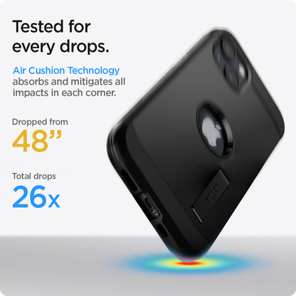 ACS03539 - iPhone 13 Case Tough Armor in black showing tested for every drops. Air Cushion Technology absorbs and mitigates all impacts in each corner. Dropped from 48" | Total drops 26x