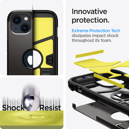 ACS03538 - iPhone 13 Case Tough Armor in gunmetal showing the innovative protection. Extreme Protection Tech dissipates impact shock throughout its foam