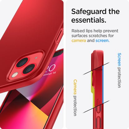 ACS03511 - iPhone 13 Case Thin Fit in red showing the raised lips help prevent surfaces scratches for camera and screen. Screen protection and Camera protection