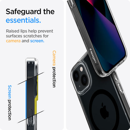 ACS03529 - iPhone 13 Case Ultra Hybrid Mag Safe Compatible in black showing the raised lips help prevent surfaces scratches for camera and screen. Screen protection and camera protection