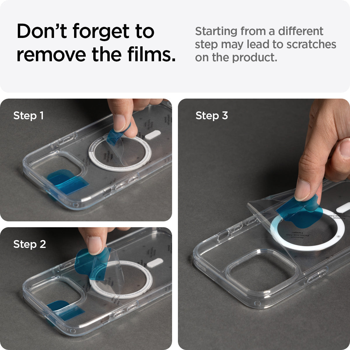 ACS04086 - iPhone 13 Case Ultra Hybrid Mag Safe Compatible in carbon fiber showing starting from a different step may lead t scratches on the product. Don't forget to remove the films
