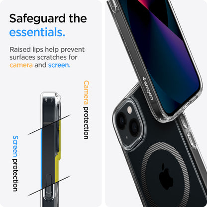 ACS04086 - iPhone 13 Case Ultra Hybrid Mag Safe Compatible in carbon fiber showing the raised lips help prevent surfaces scratches for camera and screen. Screen protection and camera protection