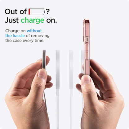 ACS03530 - iPhone 13 Case Ultra Hybrid Mag Safe Compatible in rose crystal showing charging on without the hassle of removing the case every time