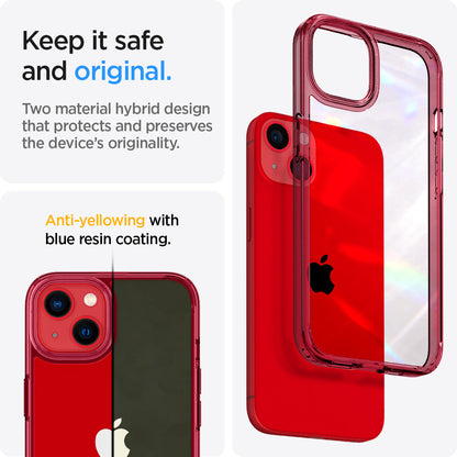ACS03524 - iPhone 13 Case Ultra Hybrid in red crystal showing the two material hybrid design that protects and preserves the device's originality. Anti-yellowing with blue resin coating