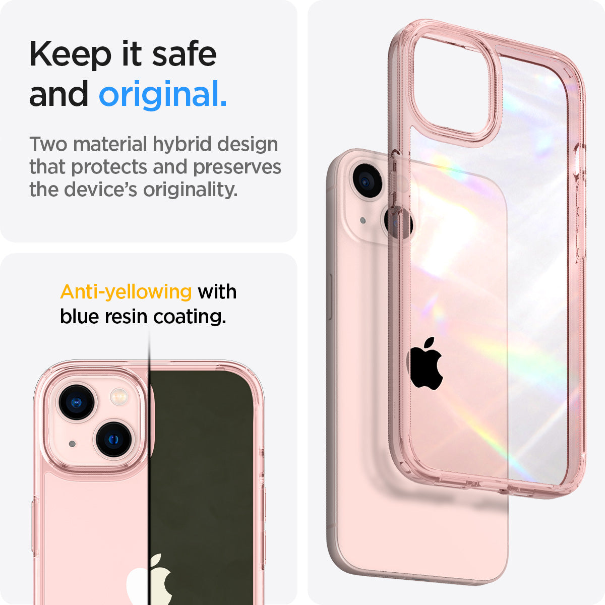 ACS03525 - iPhone 13 Case Ultra Hybrid in rose crystal showing the two material hybrid design that protects and preserves the device's originality. Anti-yellowing with blue resin coating