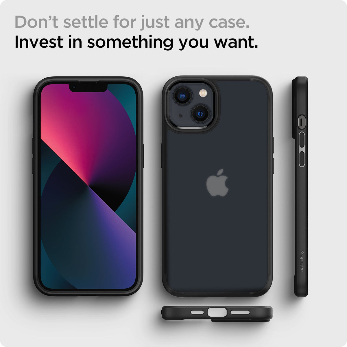 ACS03623 - iPhone 13 Case Ultra Hybrid Matte in frost black showing the back, front, sides and bottom. Don't settle for just any case. Invest in something you want