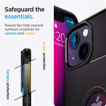 ACS03314 - iPhone 13 Mini Case Rugged Armor in matte black showing the raised lips help to prevent surfaces scratches for camera and screen. Camera protection and screen protection