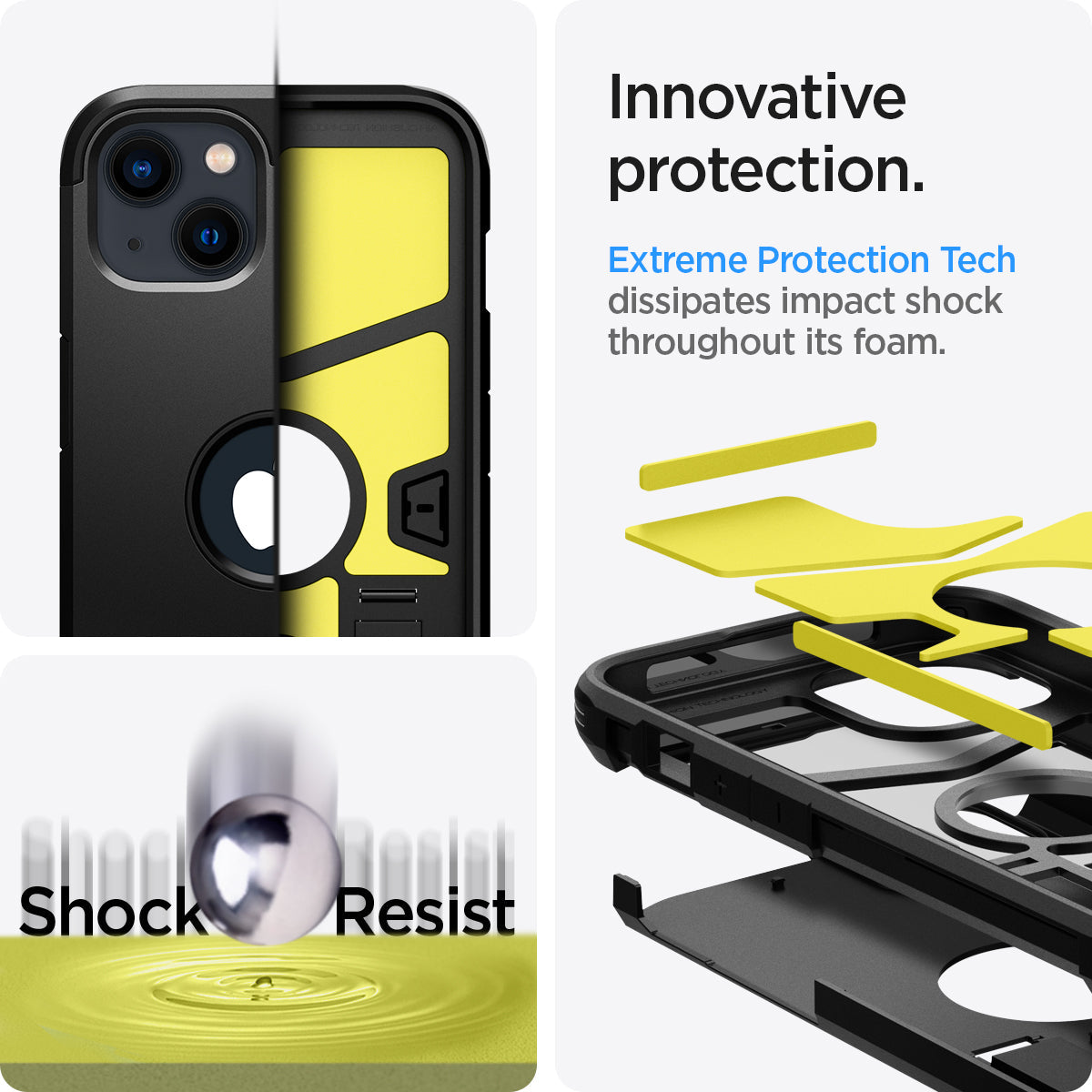ACS03331 - iPhone 13 Mini Case Tough Armor in black showing the innovative protection. Extreme Protection Tech dissipates impact shock throughout its foam