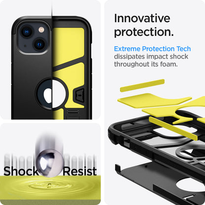 ACS03331 - iPhone 13 Mini Case Tough Armor in black showing the innovative protection. Extreme Protection Tech dissipates impact shock throughout its foam