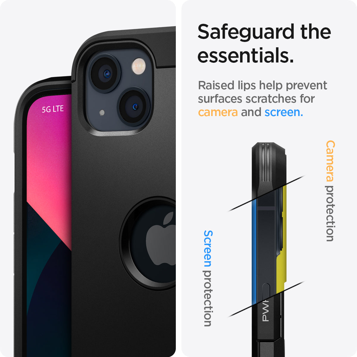 ACS03331 - iPhone 13 Mini Case Tough Armor in black showing safeguard the essentials. Raised lips help prevent surfaces scratches for camera and screen.