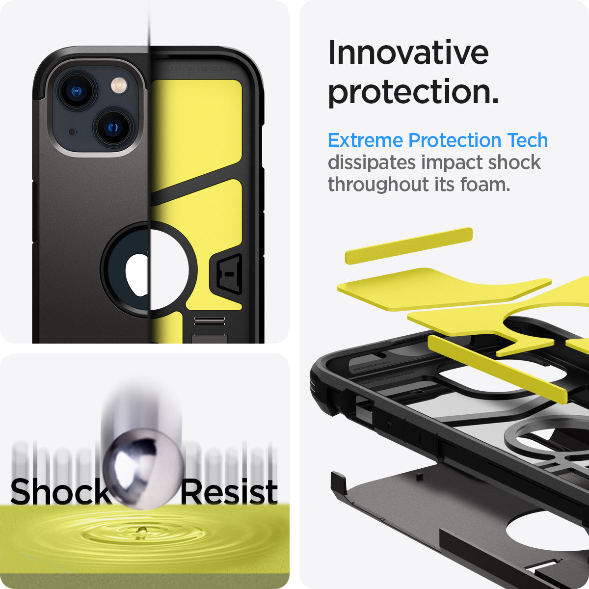 ACS03330 - iPhone 13 Mini Case Tough Armor in gunmetal showing the innovative protection. Extreme Protection Tech dissipates impact shock throughout its foam