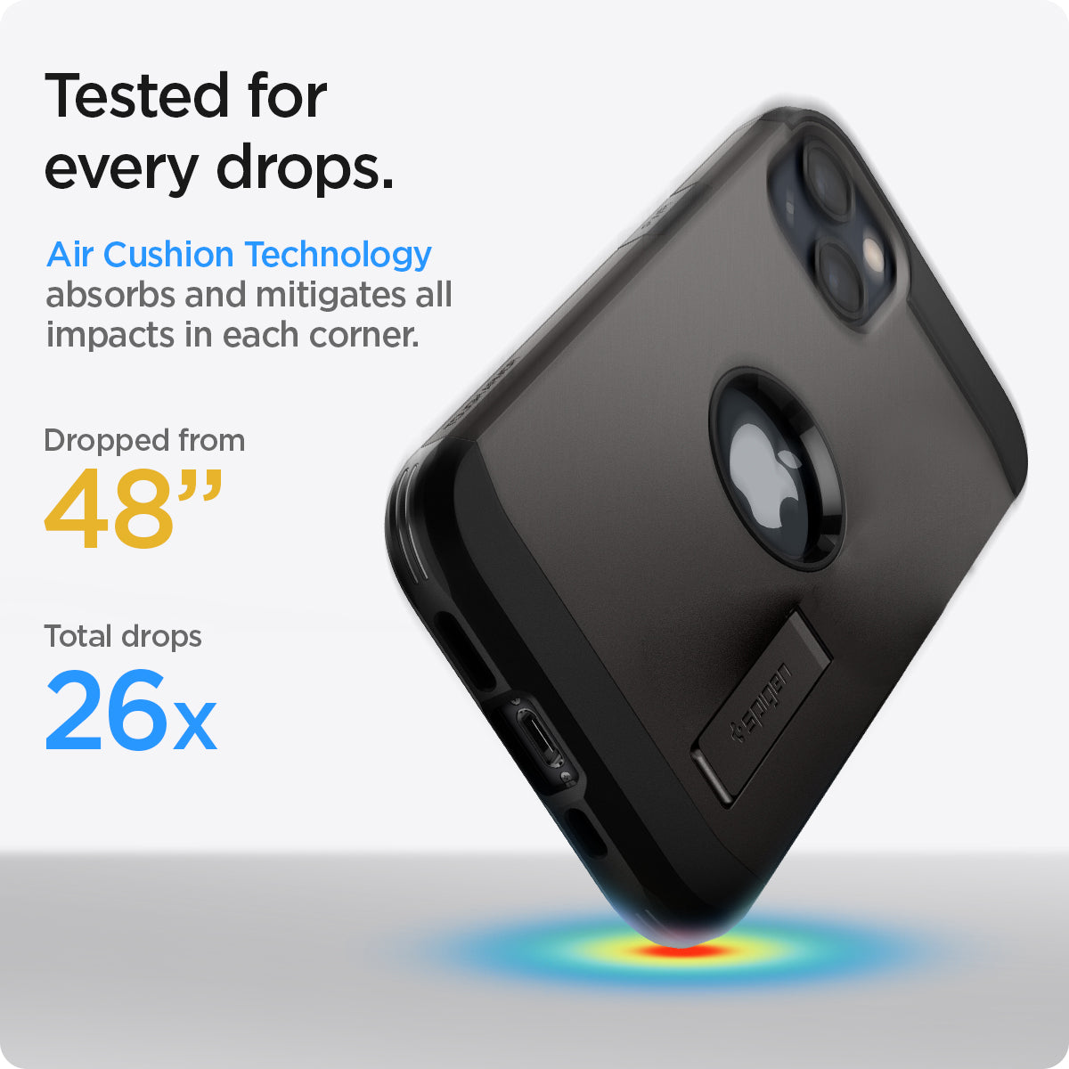 ACS03330 - iPhone 13 Mini Case Tough Armor in gunmetal showing tested for every drops. Air Cushion Technology absorbs and mitigates all impacts in each corner. Dropped from 48" | Total drops 26x