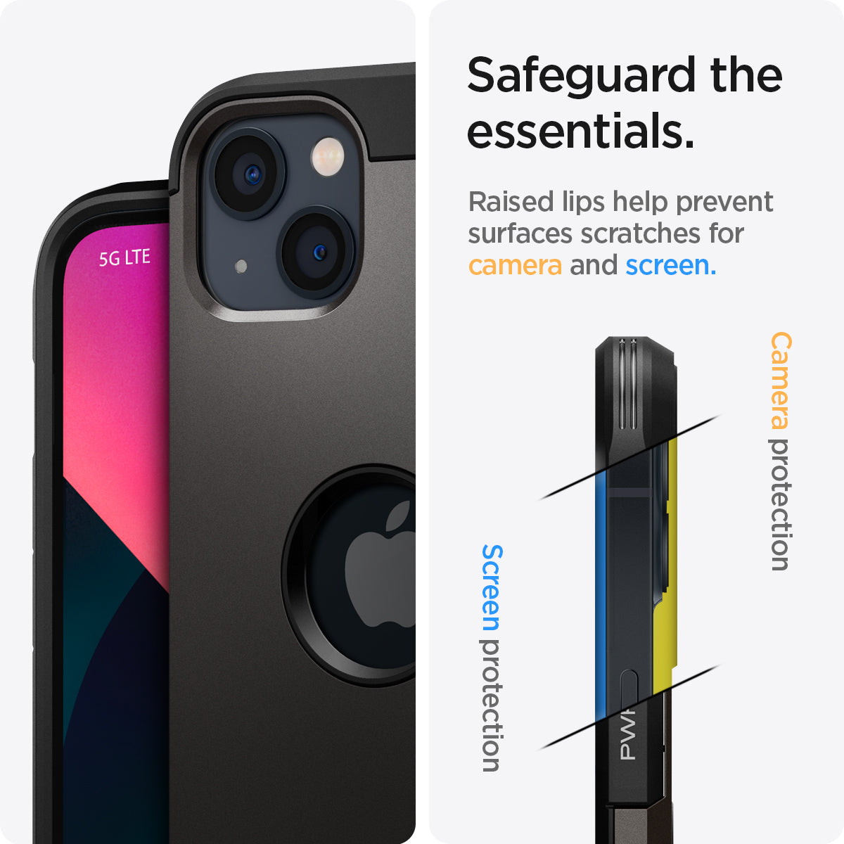 ACS03330 - iPhone 13 Mini Case Tough Armor in gunmetal showing safeguard the essentials. Raised lips help prevent surfaces scratches for camera and screen.