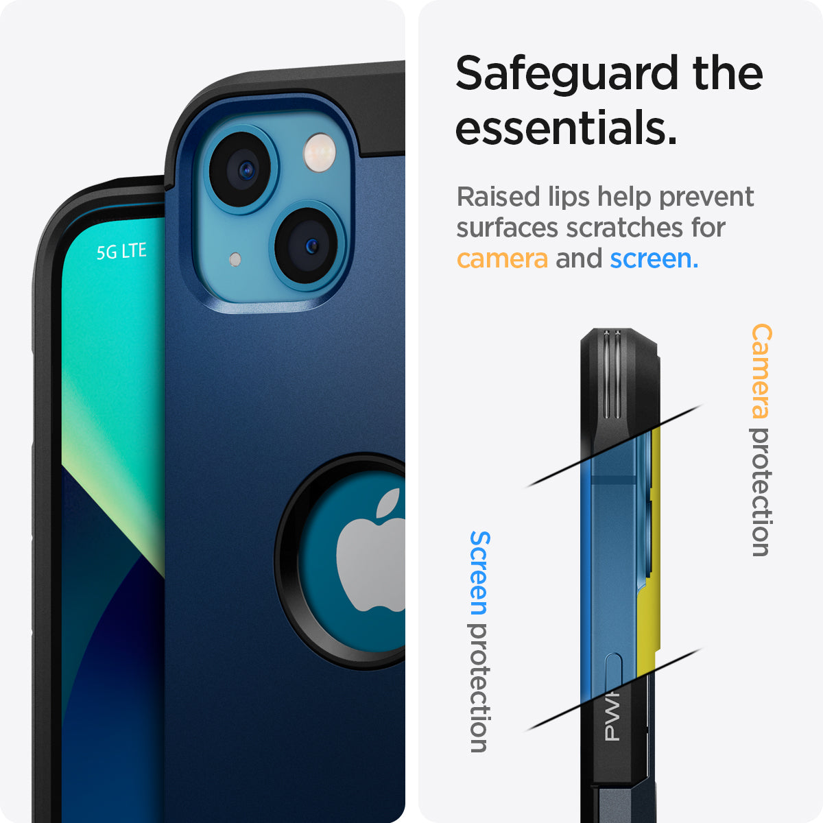 ACS03333 - iPhone 13 Mini Case Tough Armor in navy blue showing safeguard the essentials. Raised lips help prevent surfaces scratches for camera and screen.