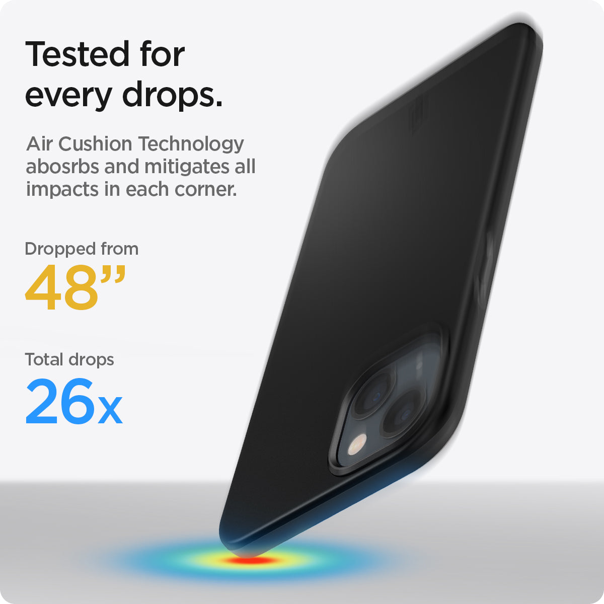 ACS03678 - iPhone 13 Mini Case Thin Fit in black showing tested for every drops with Air Cushion Technology absorbs and mitigates all impacts in each corner. Dropped from 48" | Total drops 26x