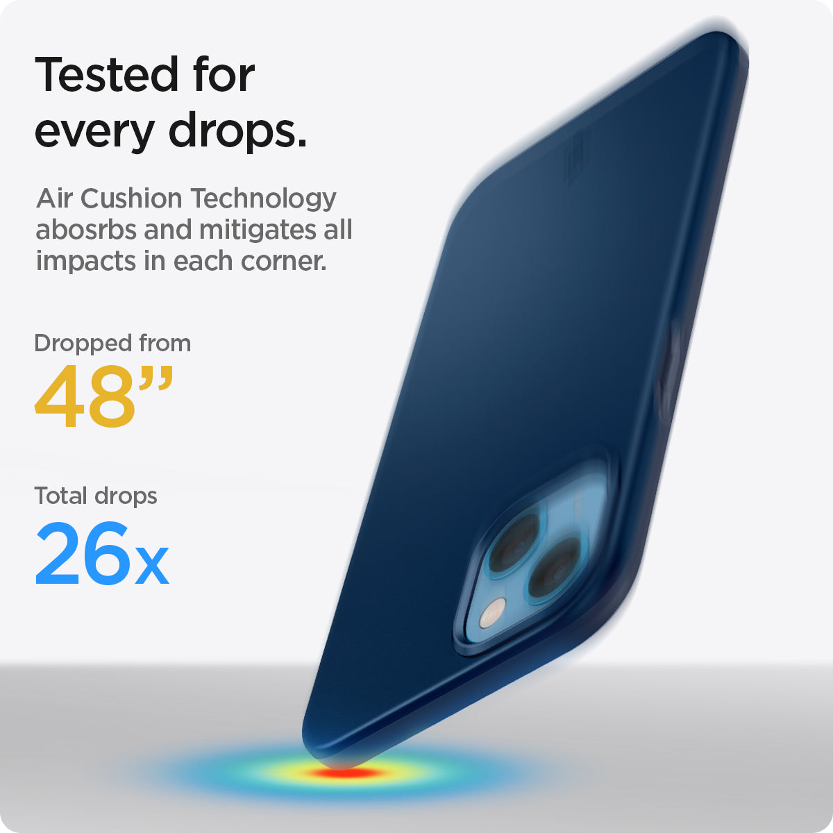 ACS03307 - iPhone 13 Mini Case Thin Fit in navy blue showing tested for every drops with Air Cushion Technology absorbs and mitigates all impacts in each corner. Dropped from 48" | Total drops 26x