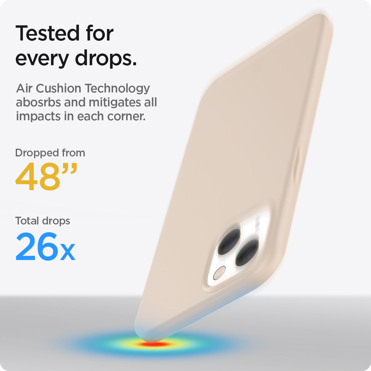 ACS03309 - iPhone 13 Mini Case Thin Fit in sand beige showing tested for every drops with Air Cushion Technology absorbs and mitigates all impacts in each corner. Dropped from 48" | Total drops 26x