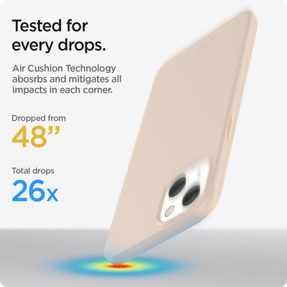 ACS03309 - iPhone 13 Mini Case Thin Fit in sand beige showing tested for every drops with Air Cushion Technology absorbs and mitigates all impacts in each corner. Dropped from 48" | Total drops 26x