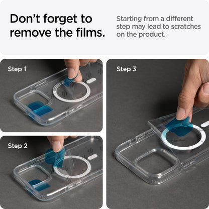 ACS03323 - iPhone 13 Mini Case Ultra Hybrid Mag Safe Compatible in black showing starting from a different step may lead t scratches on the product. Don't forget to remove the films