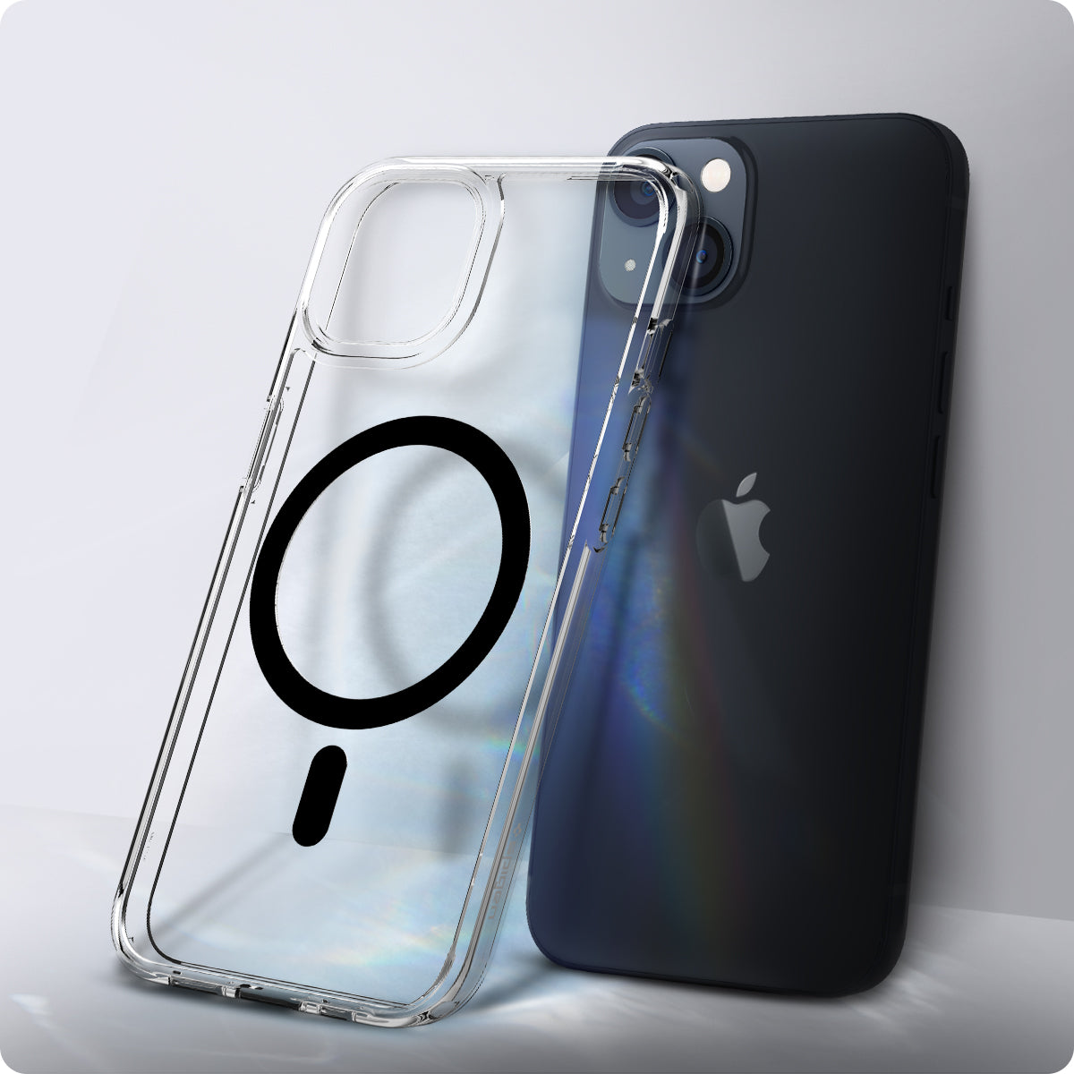 ACS03323 - iPhone 13 Mini Case Ultra Hybrid Mag Safe Compatible in black showing the back of the case leaning against the back of the device