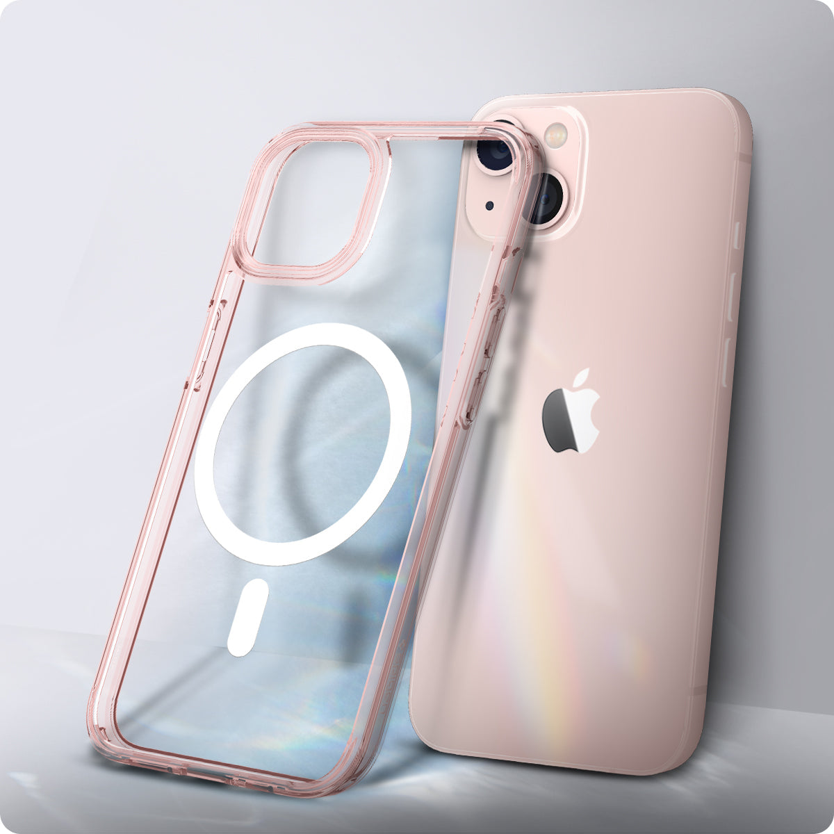 ACS03324 - iPhone 13 Mini Case Ultra Hybrid Mag Safe Compatible in rose crystal showing the back of the case leaning against the back of the device