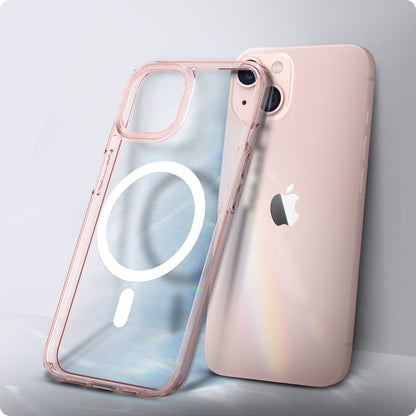 ACS03324 - iPhone 13 Mini Case Ultra Hybrid Mag Safe Compatible in rose crystal showing the back of the case leaning against the back of the device