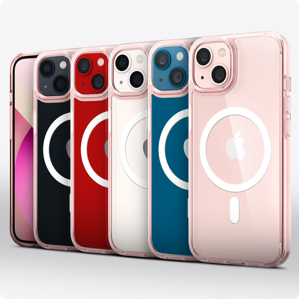 ACS03324 - iPhone 13 Mini Case Ultra Hybrid Mag Safe Compatible in rose crystal showing the multiple cases back and partial front showcasing different colors of the devices