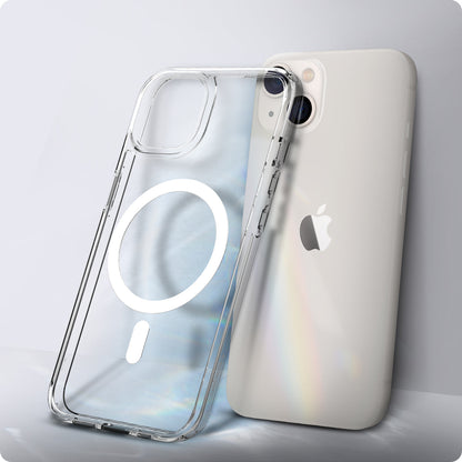 ACS03322 - iPhone 13 Mini Case Ultra Hybrid Mag Safe Compatible in white showing the back of the case leaning against the back of the device