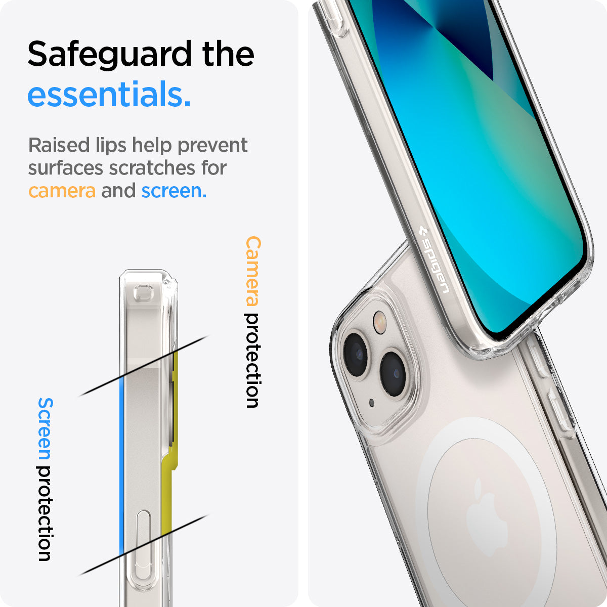 ACS03322 - iPhone 13 Mini Case Ultra Hybrid Mag Safe Compatible in white showing the raised lips help prevent surfaces scratches for camera and screen. Screen protection and camera protection