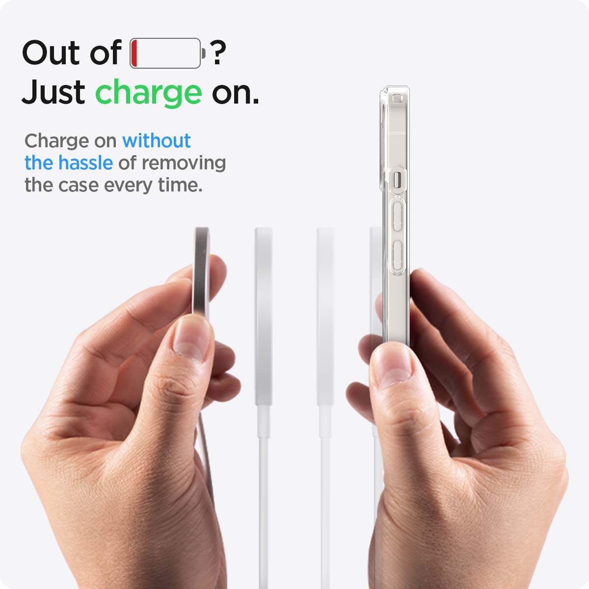 ACS03322 - iPhone 13 Mini Case Ultra Hybrid Mag Safe Compatible in white showing charging on without the hassle of removing the case every time